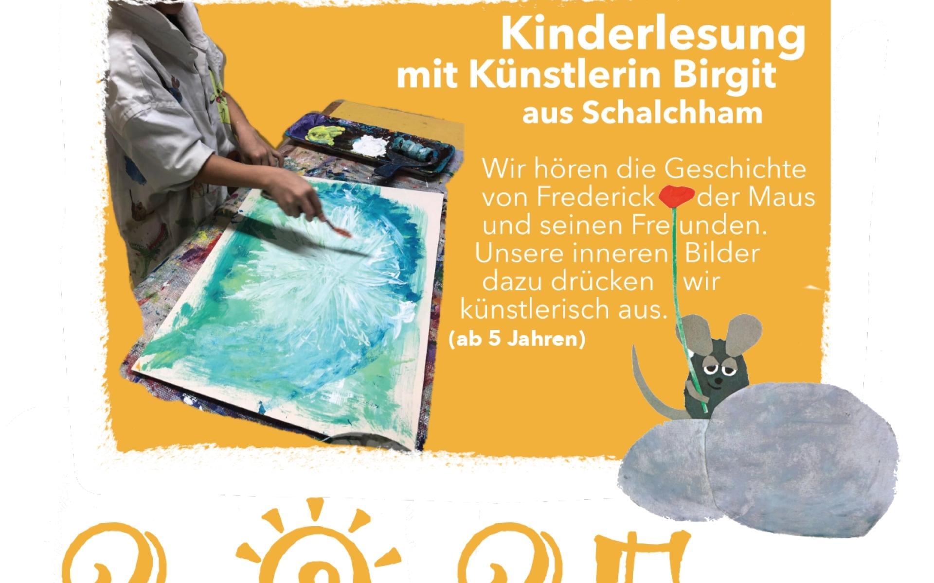 Plakat für die Veranstaltung Wir sammeln Sonnenstrahlen – Kinderlesung mit Frederick und Malen mit Birgit am 2. September 2025 um 17 Uhr im Pfarrheim Ampflwang. Abgebildet ist ein Kind beim Malen, daneben ein gezeichneter Frederick, die Maus. Hinweis: Anmeldung unter 0664/9323976, Eintritt freiwillige Spenden. Veranstalter: Pfarrbücherei Ampflwang.“
